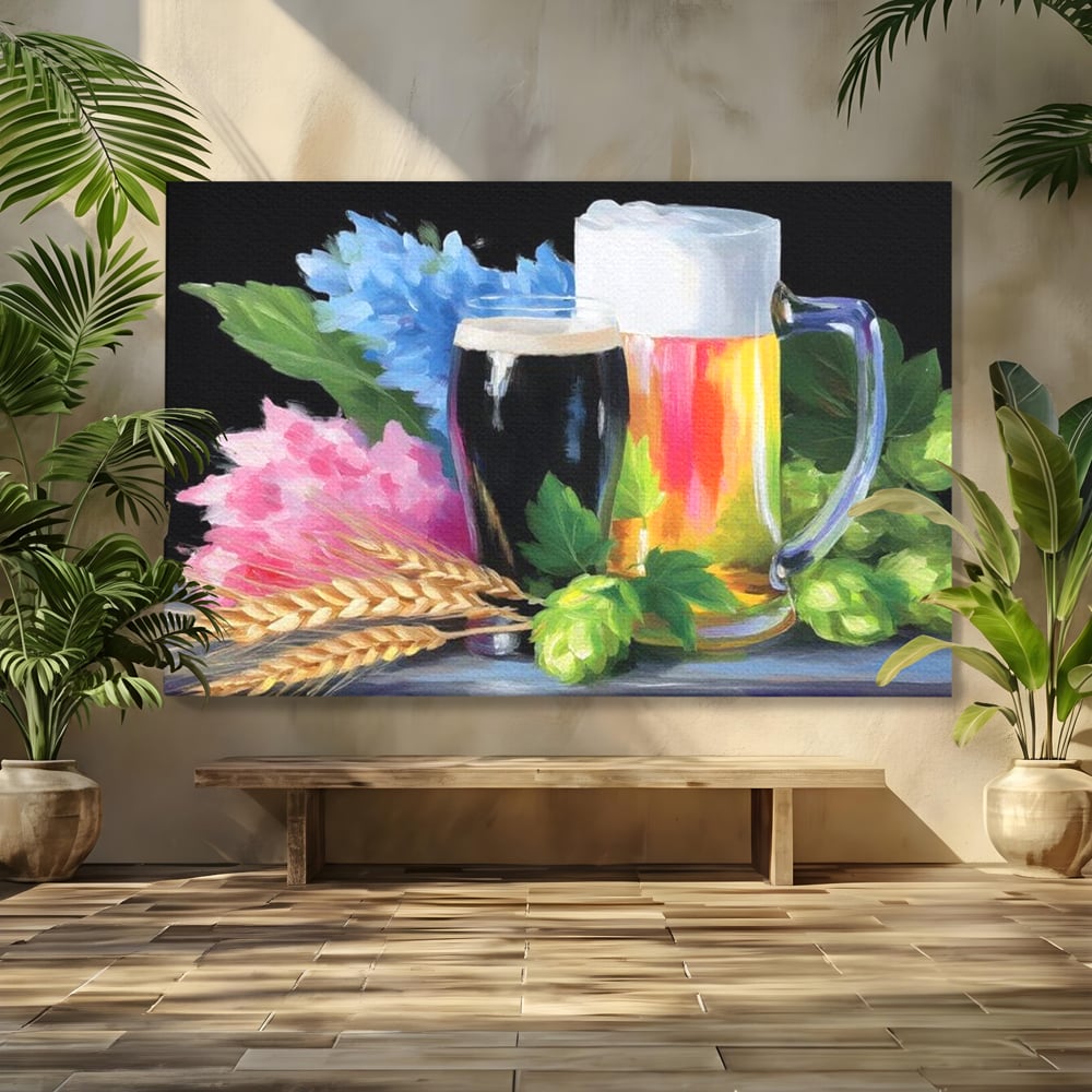 Tablou canvas cu tablou canvas cu bere si flori, fara rama, pe sasiu de lemn